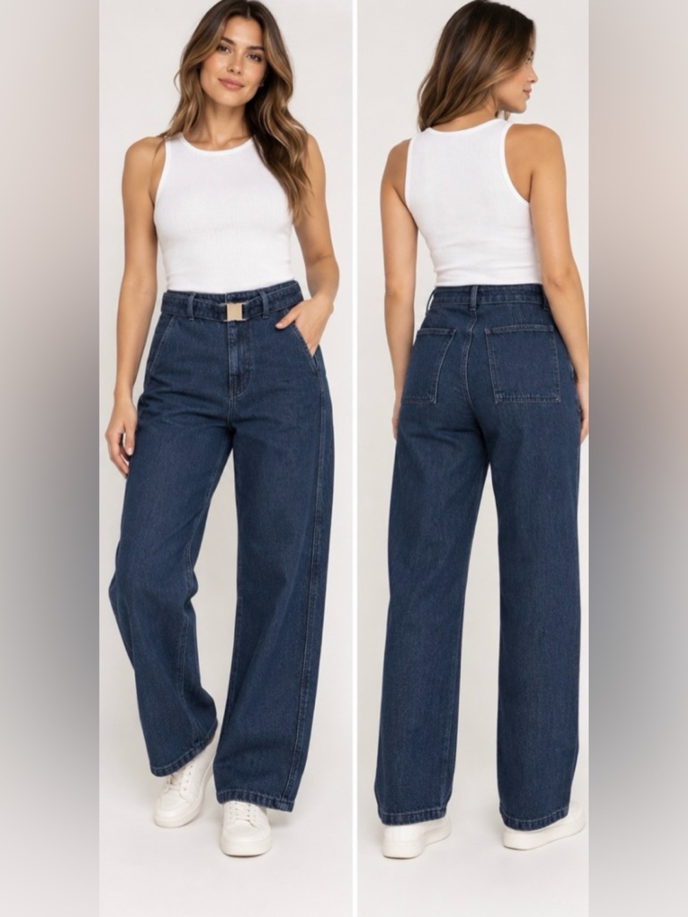 ZARA Women’s Size 10 Dark Wash High Rise Belted Jeans Wide Straight Leg